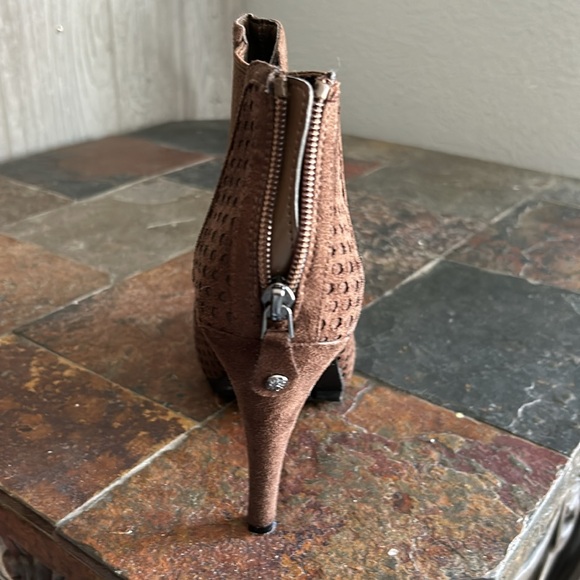 Soft brown booties with an open toe, 3”heel.  Worn once - Picture 2 of 6